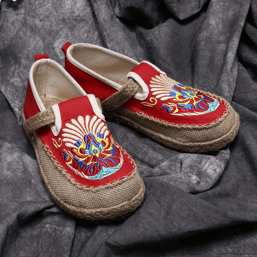 Women Linen Comfy Embroidery Straw Slip on Flat Loafers - MRSLM