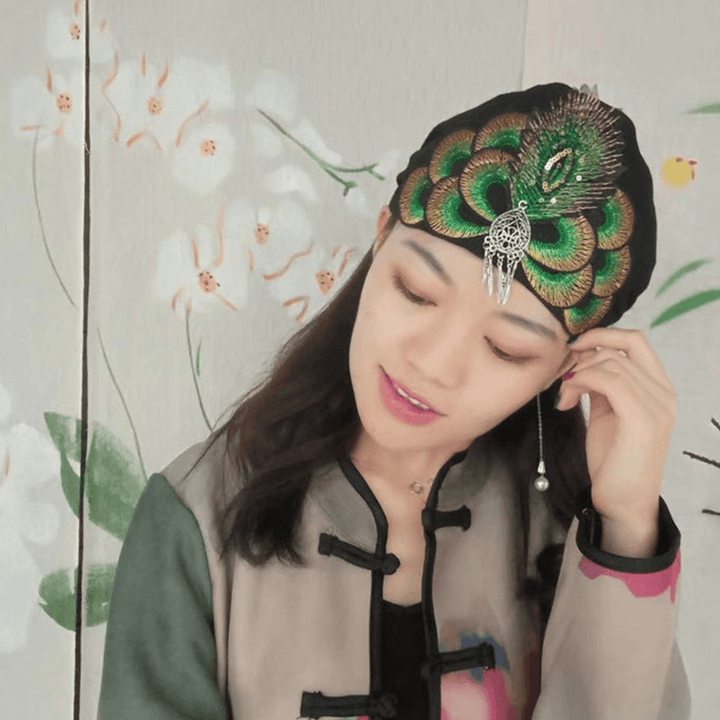 Women Canvas Ethnic Embroidery Flower Printing Vintage Beanie Hat Turban Caps - MRSLM