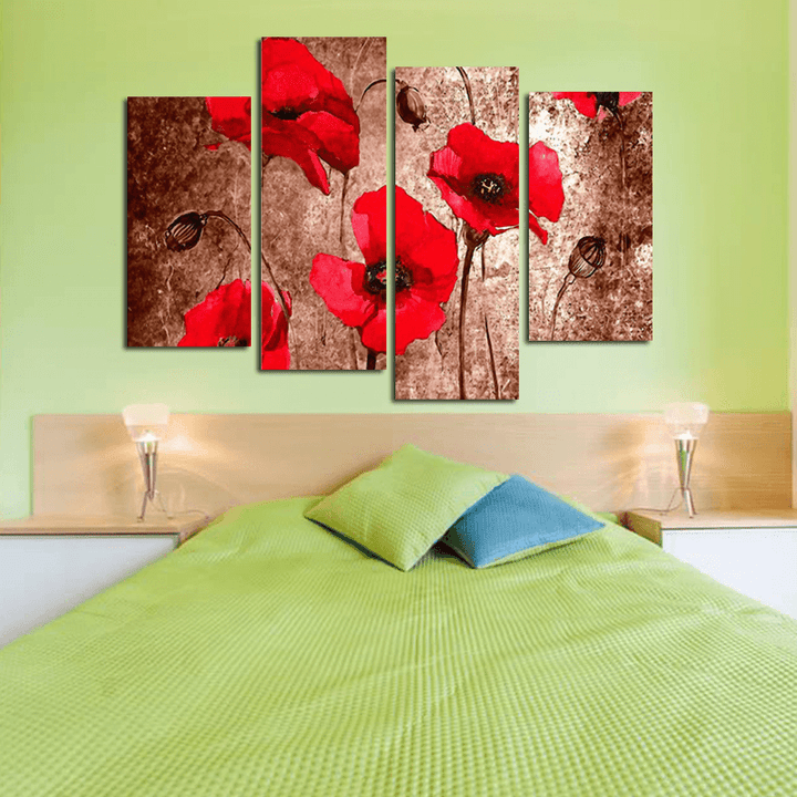 Miico Hand Painted Four Combination Decorative Paintings Red Flowers Wall Art for Home Decoration - MRSLM