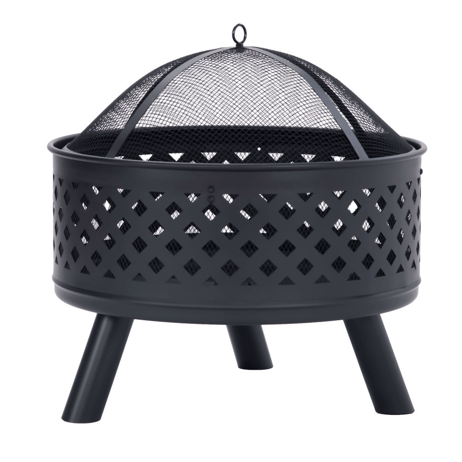 [US Direct] U-Style round Fire Pit Steel Wood Burning Camping BBQ Grill Heater with Spark Screen for Backyard Garden Camping Bonfire Patio - MRSLM