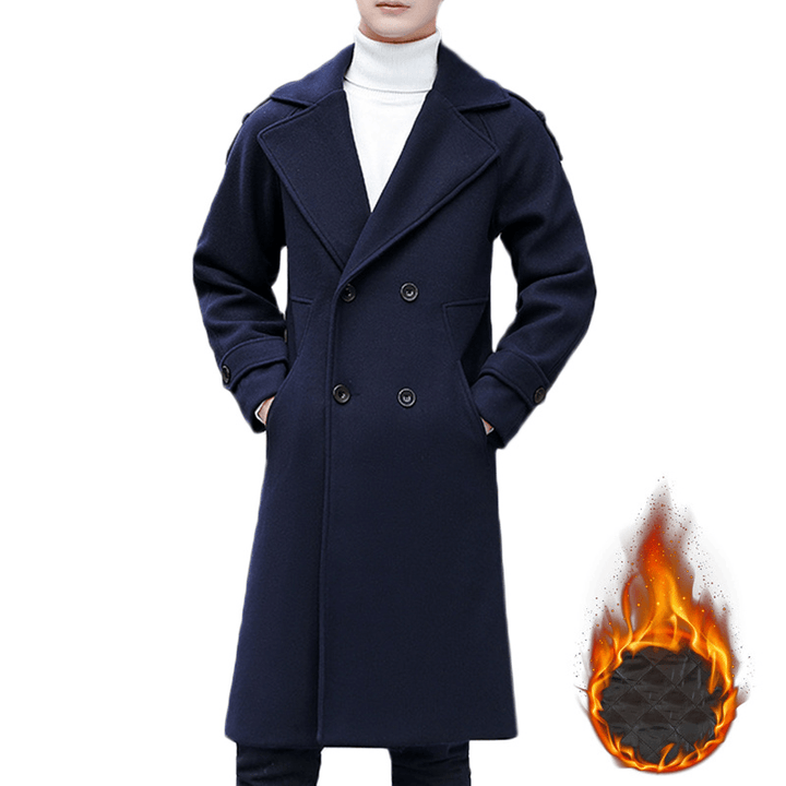 Mens Slim Mid Long Double Breasted Thick Warm Stylish Trench Coat Woolen Overcoat - MRSLM