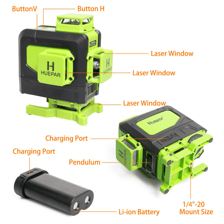 Huepar 904DG 16 Lines 4D Cross Line Laser Level Green Beam Line with Remote Control for Tiles Floor Multifunction - MRSLM