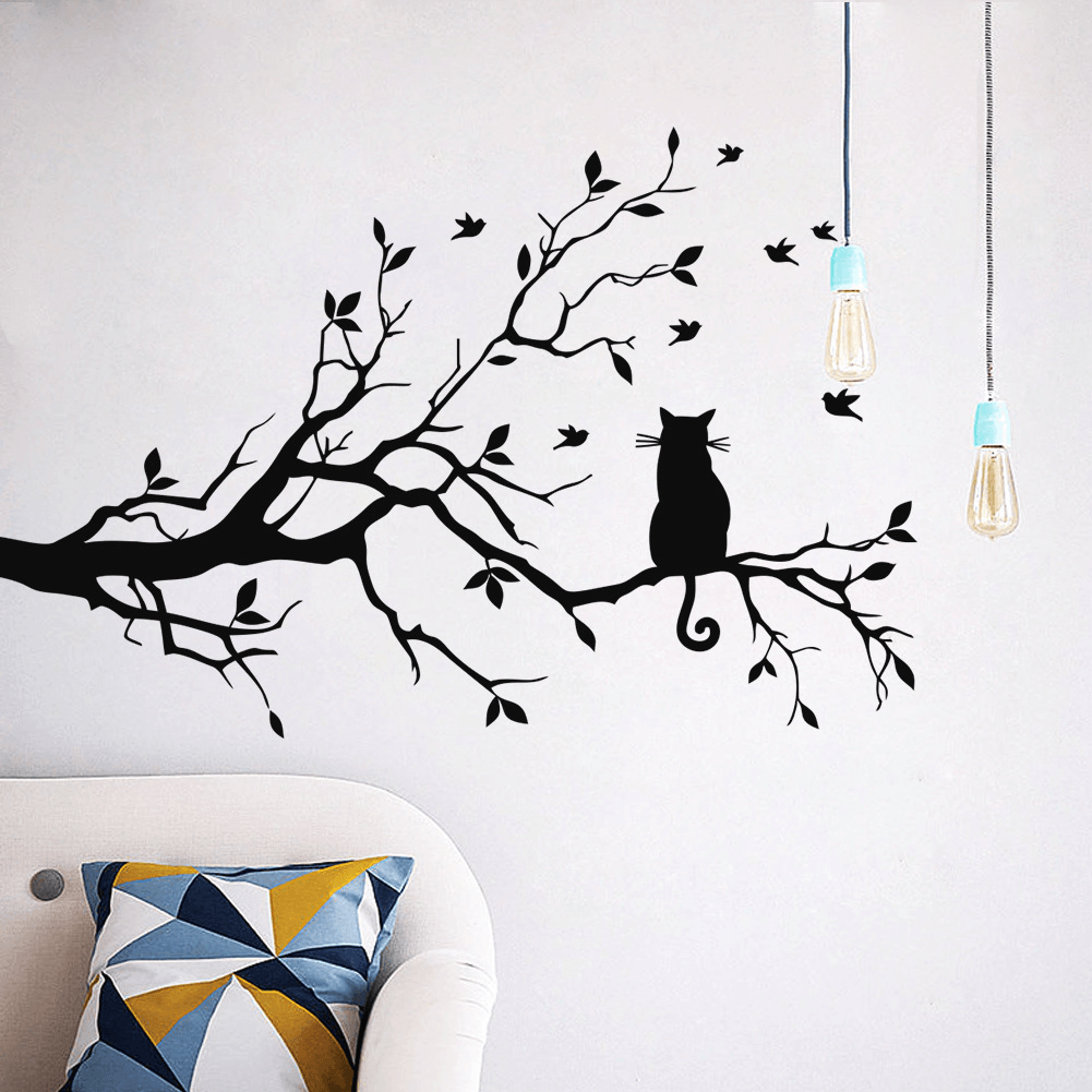 New Cute Cat on Long Tree Branch Removable PVC Wall Sticker Animals Cats Art Decal Beautiful Home Kids Room Decor Flying Birds Black Cat Animals Wall Sticking Poster - MRSLM