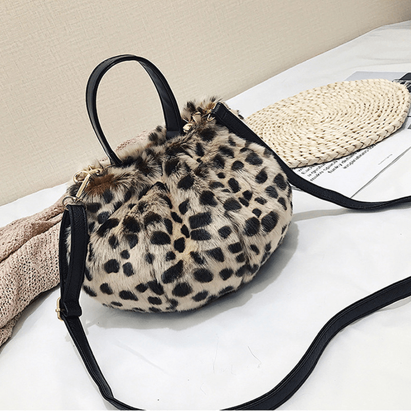 Women Leopard Plush Bag Cotton Bucket Handbag - MRSLM