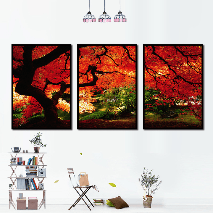 Miico Hand Painted Three Combination Decorative Paintings Maple Tree Wall Art for Home Decoration - MRSLM