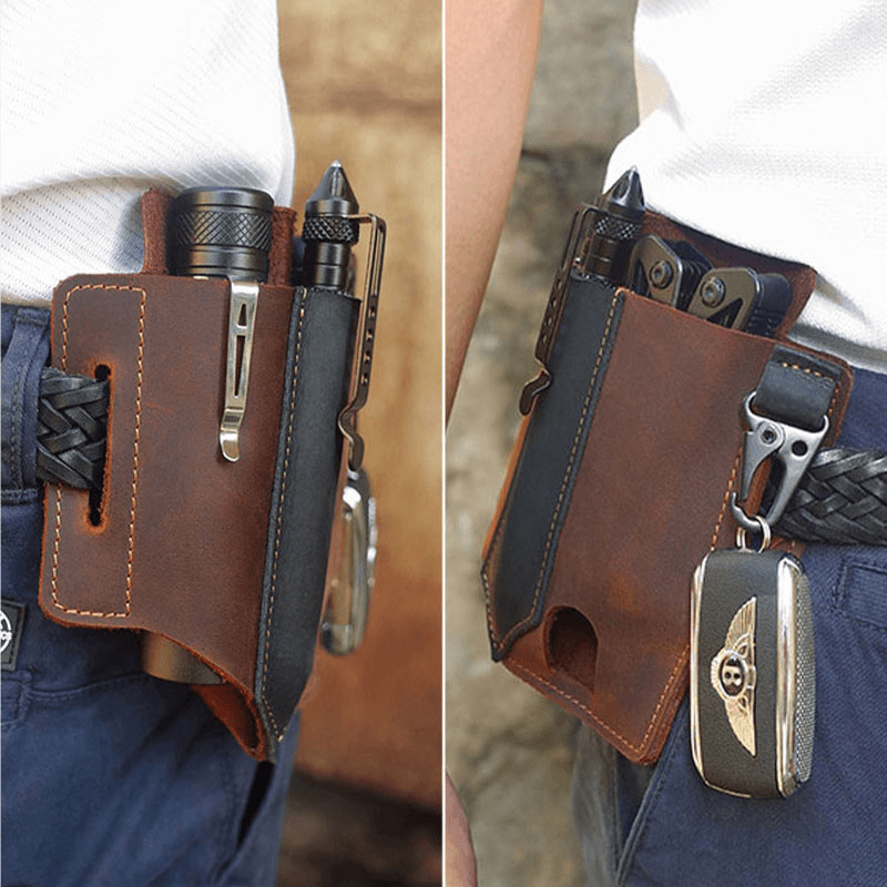 Men EDC Vintage Multifunction Wear-Resistant Genuine Leather Waist Bag Keychain Tactical Bag - MRSLM