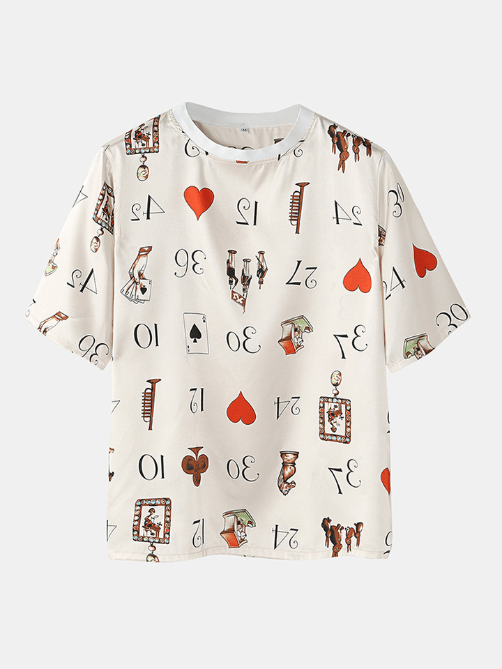 Mens Playing Cards Fuuny Cartoon Print Short Sleeve Two Piece Cozy Smooth Pajama Set - MRSLM