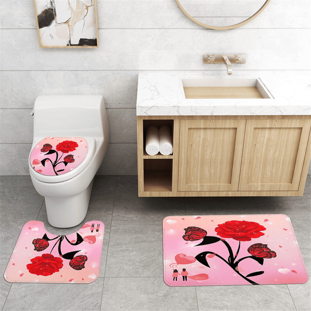 Rose Flower Waterproof Shower Curtain Non-Slip Rug Toilet Cover Bath Mat Decor - MRSLM