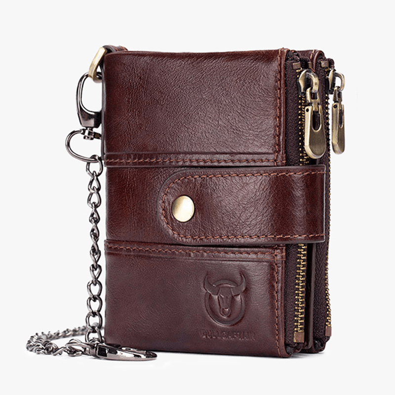 Bullcaptain Men Genuine Leather Vintage RFID Blocking Foldable Anti-Theft Chain Walllet Card Holder - MRSLM