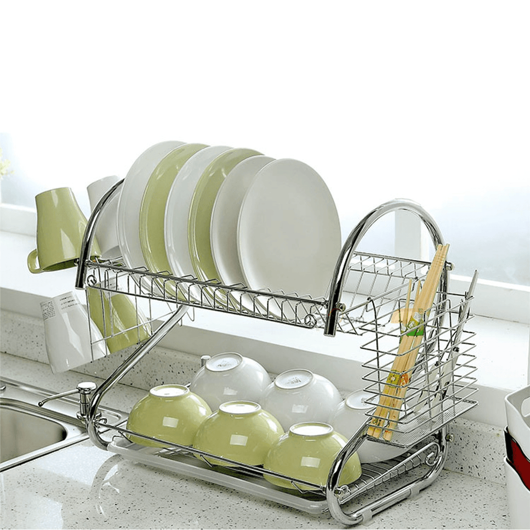 Multifunction 2 Tier Kitchen Dish Cutlery Drainer Rack Drip Tray Plate Holder Drain Shelf - MRSLM