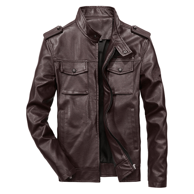 Mens Multi-Pocket Faux Leather Stand Collar Jacket - MRSLM