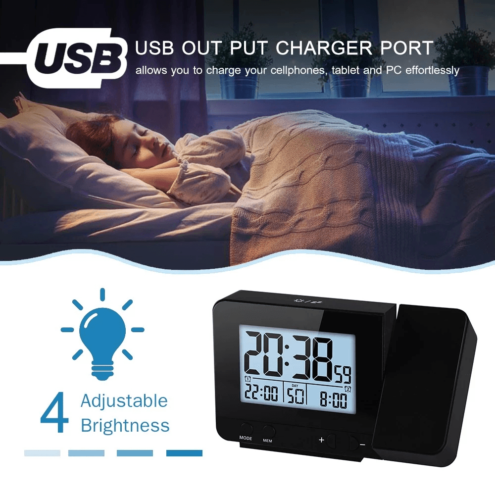 Projection Alarm Clock for Bedroom with Thermometer Hygrometer Digital Project Ceiling Clock Dimmable LED Display with USB Charger 180°Rotable with Dual Alarms 12/24H Snooze - MRSLM