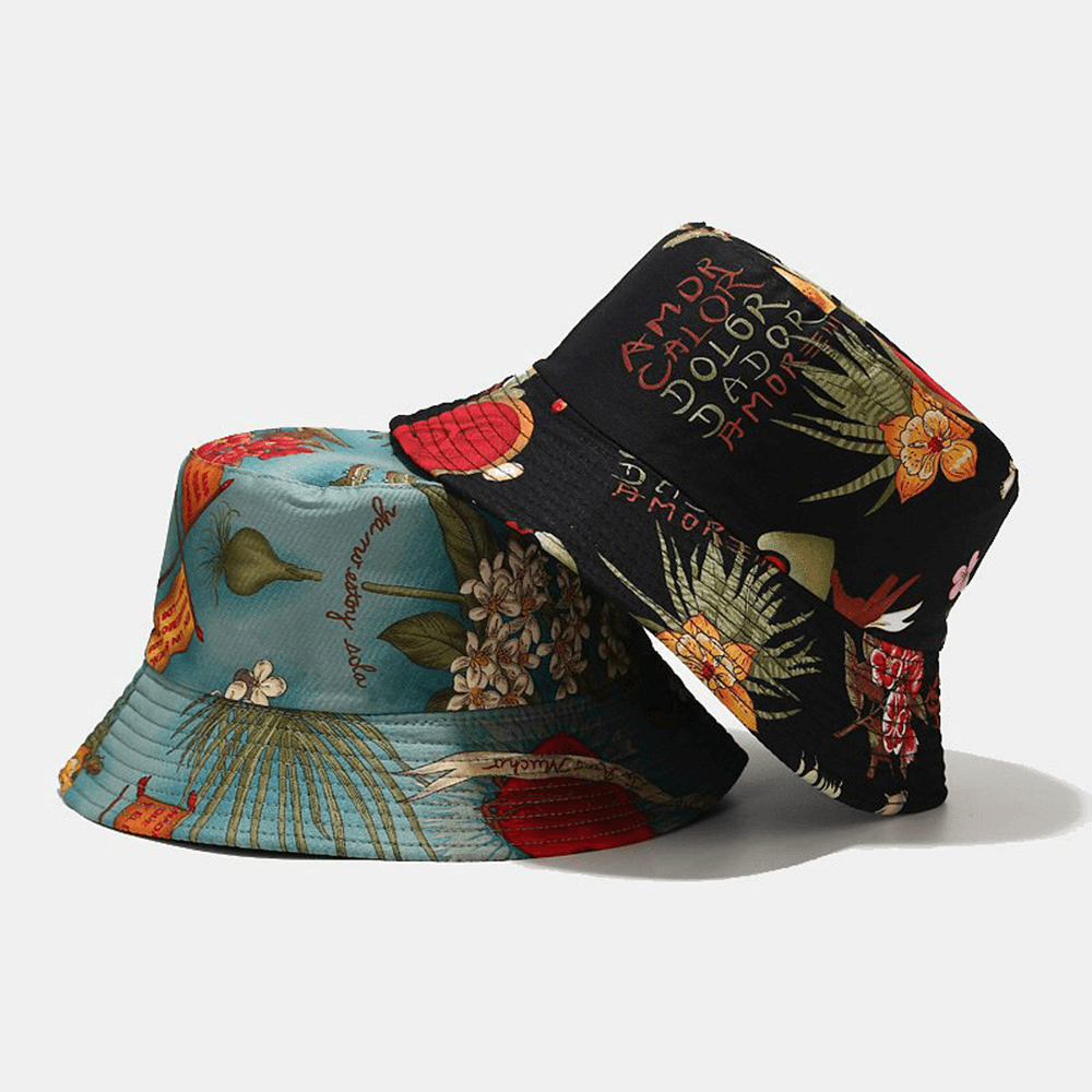 Women Double-Sided Summer UV Protection Marine Plant Pattern Casual Simple Sun Hat Bucket Hat - MRSLM