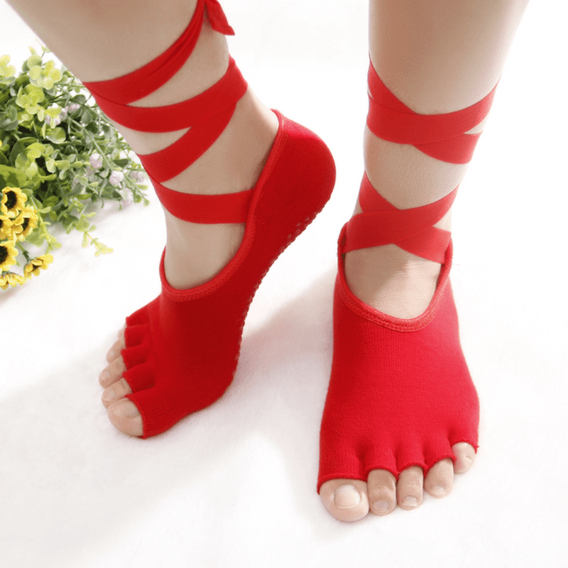 Women Ladies Five Finger Toes Yoga Socks Ballet Sports Lace Non-Slip Exposed Instep Yoga Socks - MRSLM