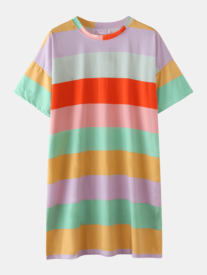 Women Colorful Striped Nightdress Oversize Short Sleeve Comfy Pajamas - MRSLM