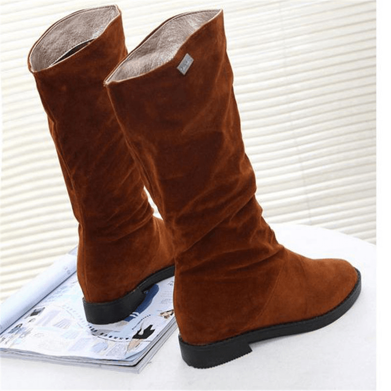 Women Warm Solid Color Suede Winter Snow Mid-Calf Boots - MRSLM