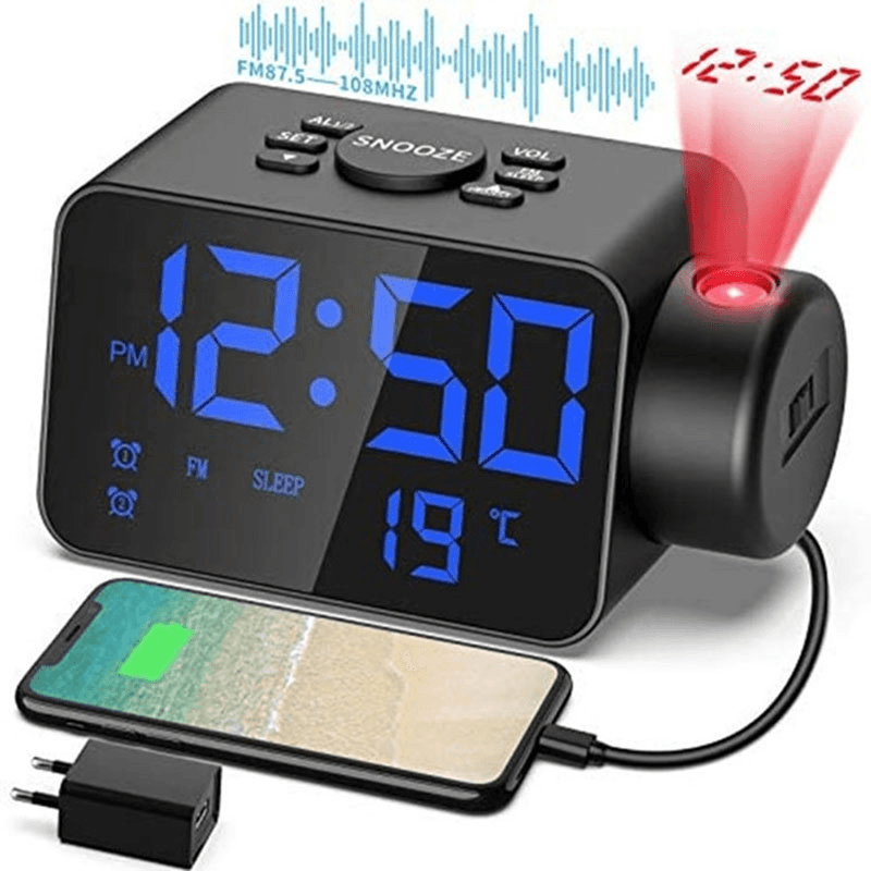 Multifunctional Projection Radio Alarm Clock USB Rechargeable LED Projection 180 Degree Rotating High Sound Quality Radio Alarm Clock - MRSLM