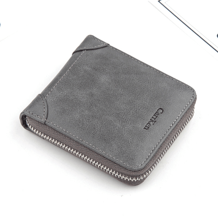 Men Faux Leather Tri-Fold Retro Zipper Multi-Card Slots Wall - MRSLM