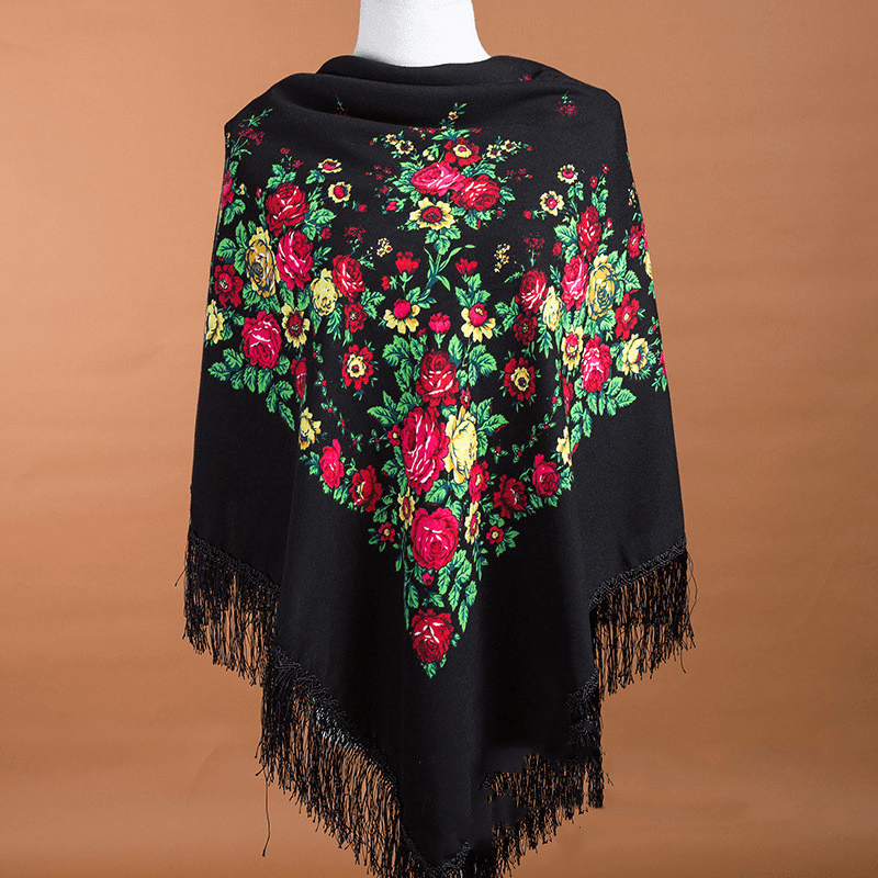 Large Square Scarf Shawl with Ethnic Print Tassels to Keep Warm - MRSLM