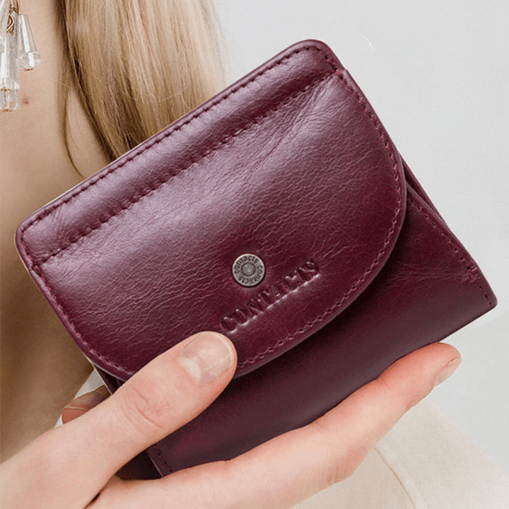 Women Genuine Leather Coin 8 Card Slots Bifold Wallet Purse - MRSLM