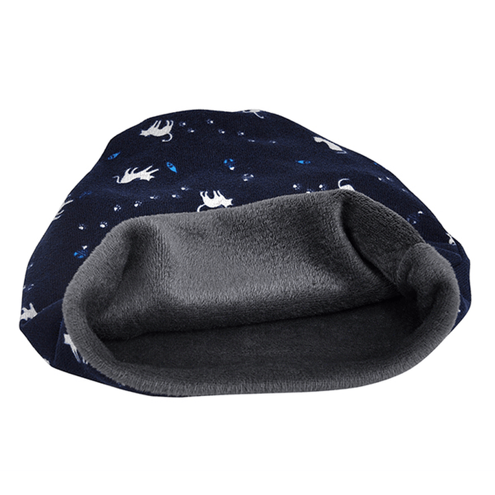 Women Cotton Cat Printing Beanie Hats Casual Outdoor Warm for Both Hats and Scarf Use - MRSLM