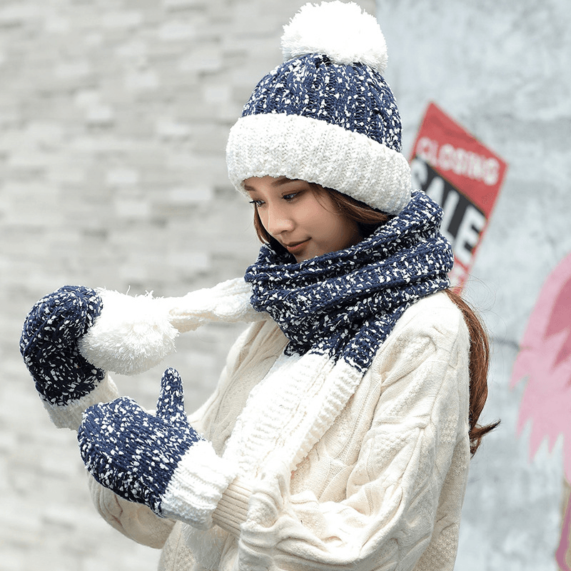 Women Girls Christmas Knit Snow Hat Gloves Scarf Winter Warm Trend Three-Piece Set - MRSLM