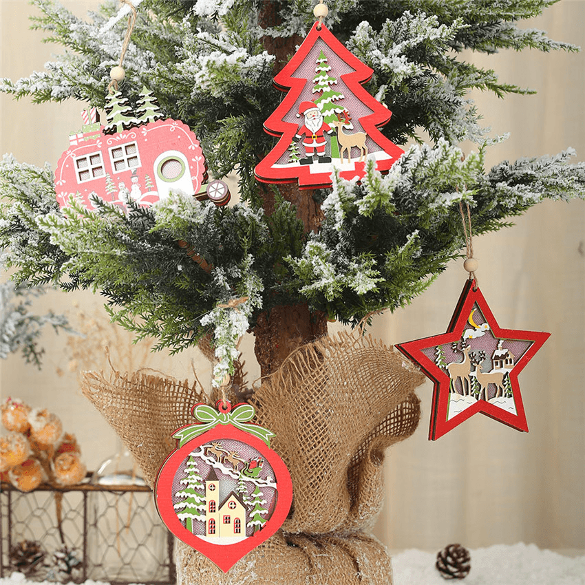 Christmas Star Wooden Pendants Ornaments Tree Decor Christmas Ornaments Hollow Wooden Pendant Creative Car Ornaments - MRSLM