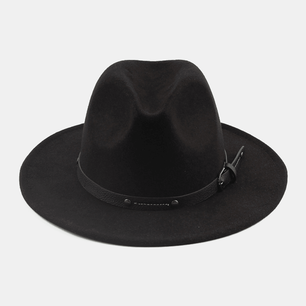 Unisex British Style Leather Belt Buckle Flat Brim Top Hat Fashion Outdoor Wide Brim Felt Hat - MRSLM