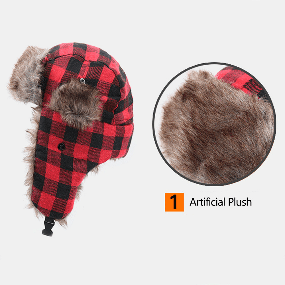 Men Plush Plaid Soviet Badge Windproof Waterproof Ushanka Hat Outdoor Sport Thicken Ear Protection Warm Trapper Hat - MRSLM