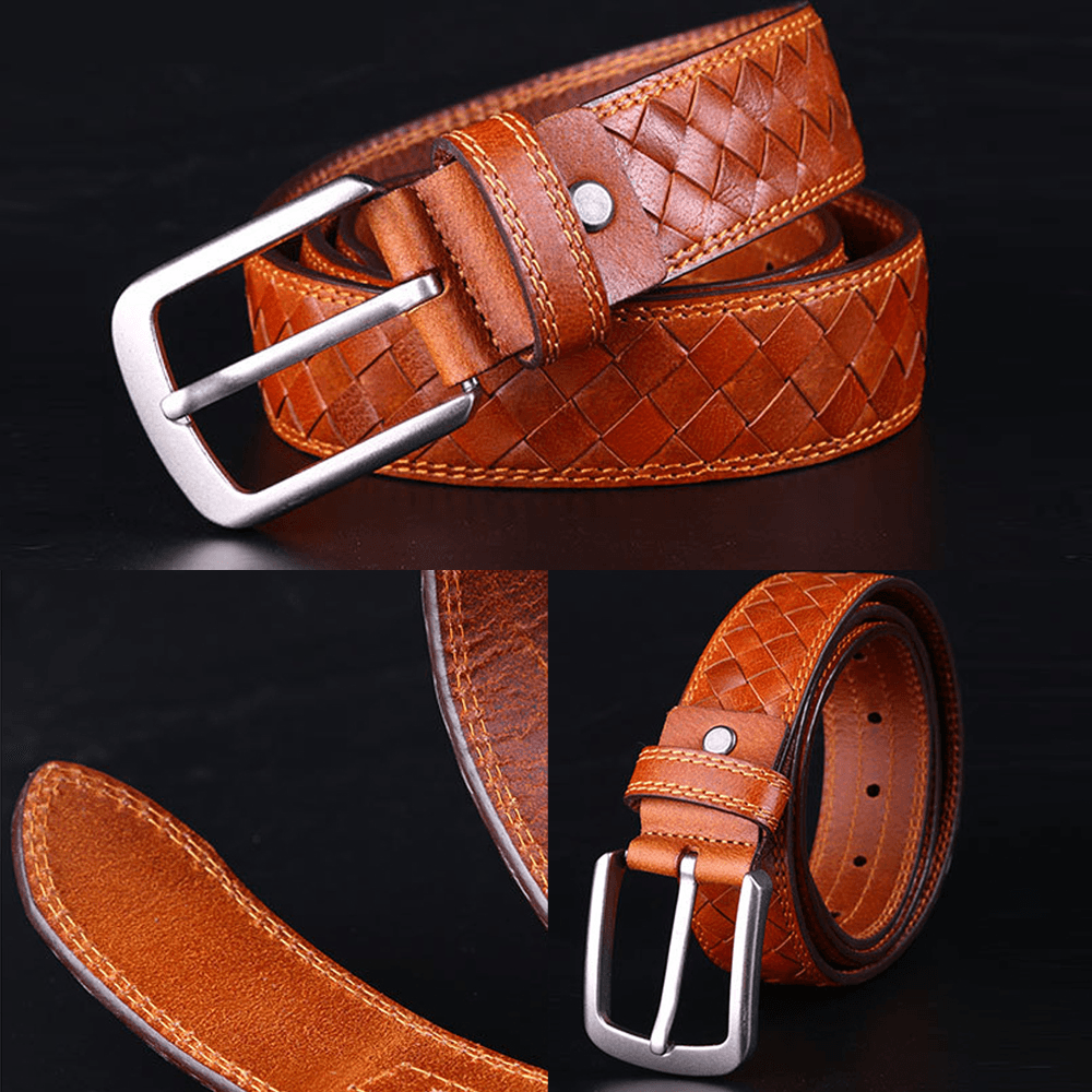 Men Genuine Leather Solid Color Retro Handmade Woven Jeans Skirt Belts - MRSLM