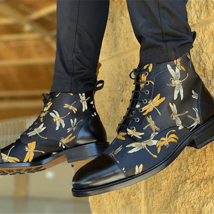 Men British Style Cap Toe Splicing Dragonflies Printed Cloth Ankle Jack Boots - MRSLM