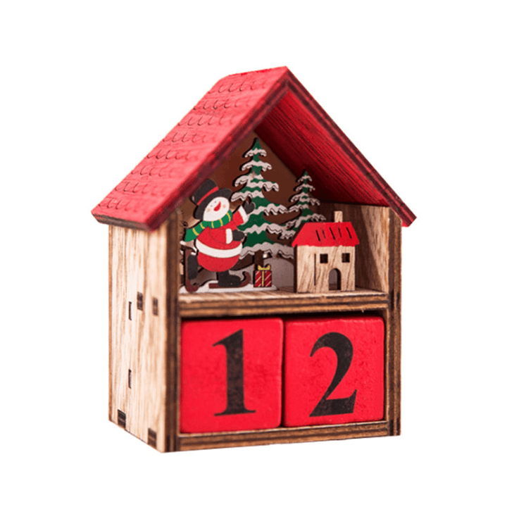 Christmas Advent Calendar LED Light up Wood House Santa Claus Snowman Home Decoration - MRSLM