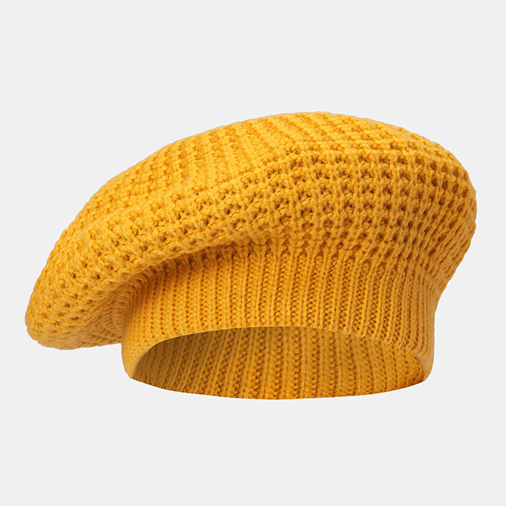 Women Solid Color Dome Hollow Breathable Knitted Hat Outdoor Windproof Sunshade Beret Cap - MRSLM