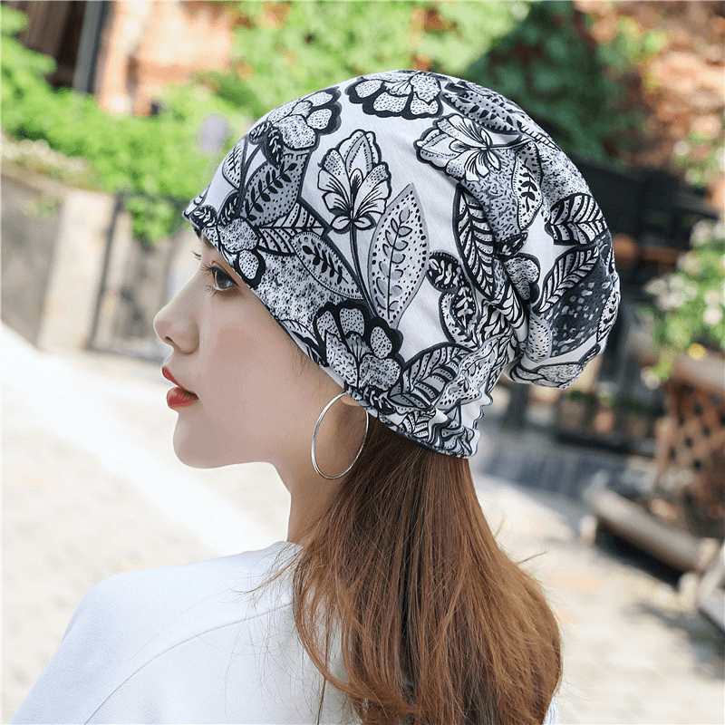 Women Cotton Floral Leaf Printing Pattern Casual Outdoor Dual-Use Neck Protection Brimless Beanie - MRSLM