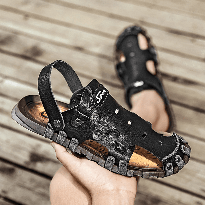 Men PU Sandals Two-Ways Breathable Closed Toe Casual Vintage Slippers - MRSLM