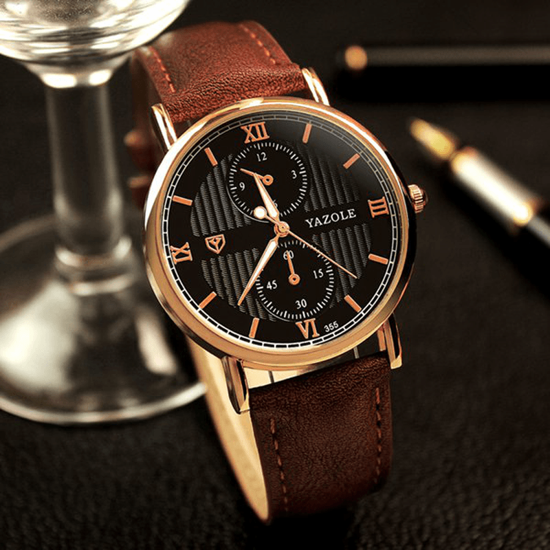 YAZOLE 355 Men Watch Luminous Fashion Classic Leather Strap Male Quartz Wrist Watch - MRSLM