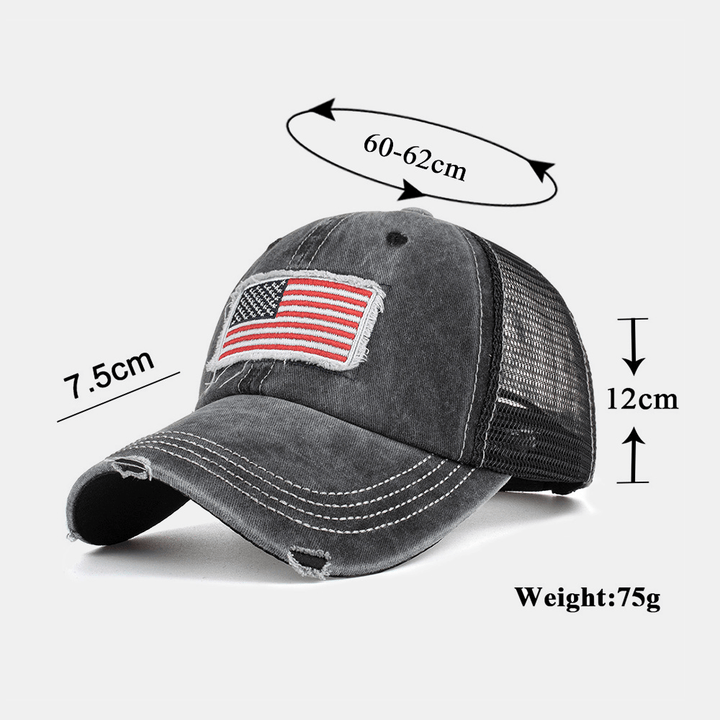 Unisex Washed American Flag Patch Ponytail Baseball Cap Mesh Breathable Casquette Summer Snapback Hat - MRSLM