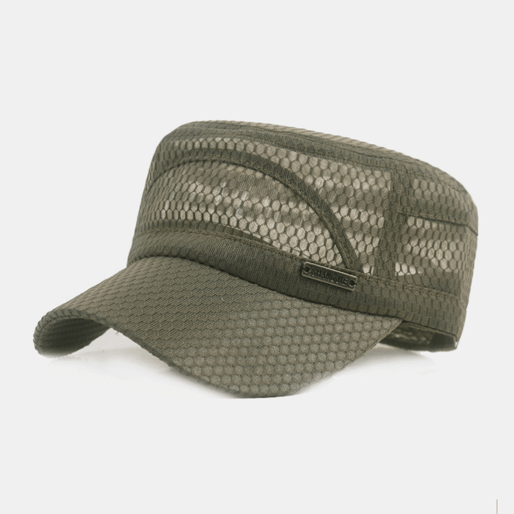 Men Adjustable Mesh Breathable Solid Color Military Cap Flat Cap with Letter Metal Label - MRSLM