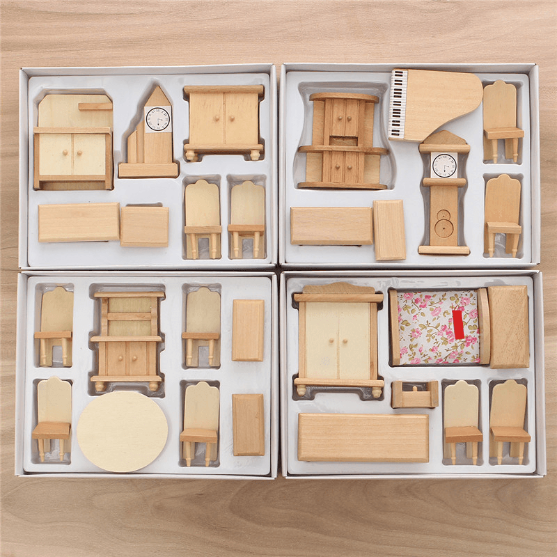 New 29 Pcs 1:24 Scale Dollhouse Miniature Unpainted Wooden Furniture Model Suite - MRSLM