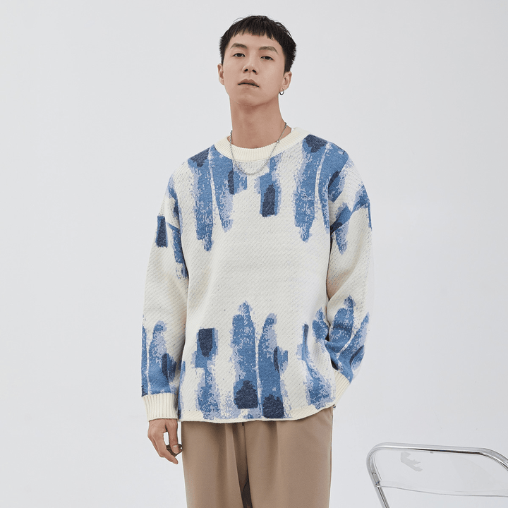 Blue Graffiti Watercolor Jacquard Casual Knit Loose Sweater - MRSLM