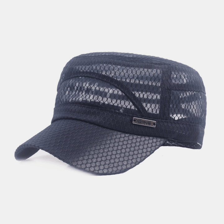 Men Adjustable Mesh Breathable Solid Color Military Cap Flat Cap with Letter Metal Label - MRSLM