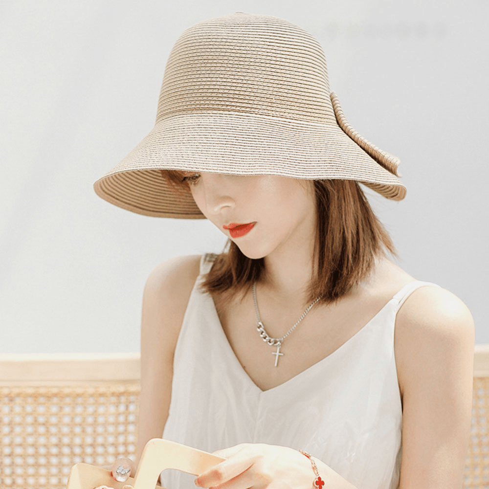 Women Foldable Rear Split Design Bow Straw Hat Adjustable Breathable Summer Casual Wild Sunshade Bucket Hat - MRSLM