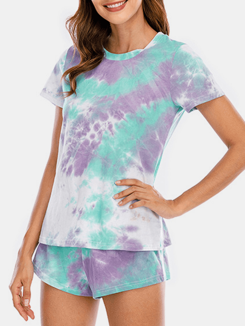 Women Tie Dye Pajamas Set Two Pieces Short Sleeve O-Neck Softies Summer Sleepwear - MRSLM