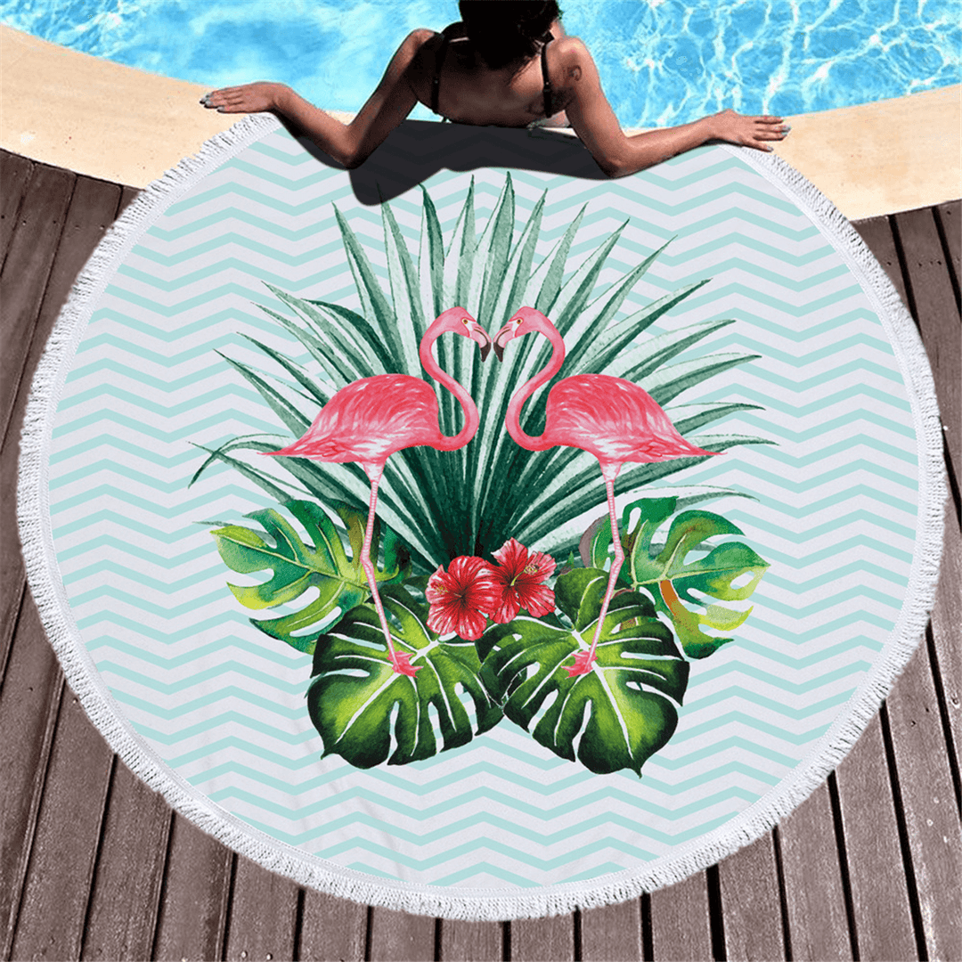 Fashion Flamingo 450G round Beach Towel with Tassels Microfiber 150Cm Picnic Blanket Beach Cover Up - MRSLM