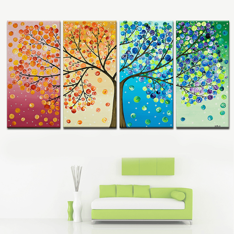 Miico Hand Painted Four Combination Decorative Paintings Four-Color Life Tree Wall Art for Home Decoration - MRSLM