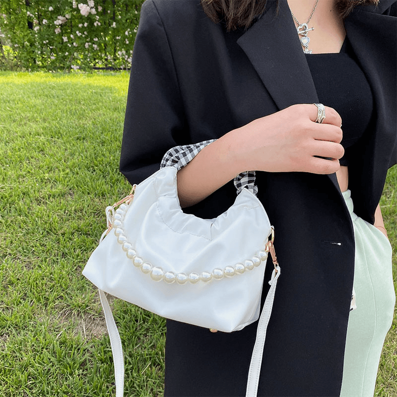 Women Pearls Chain Pleated Pocket Design Handbag Detachable Shoulder Strap Underarm Bag Shoulder Bag Crossbody Bag - MRSLM