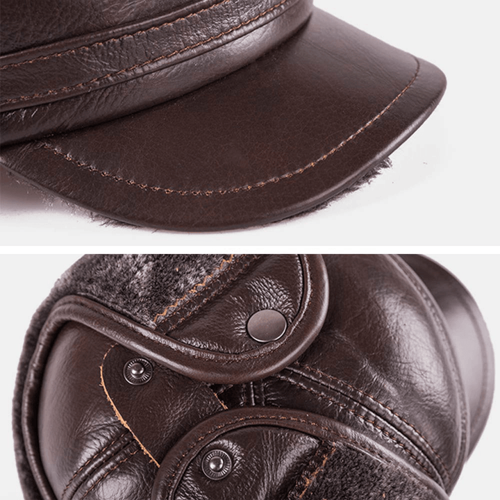 Men Genuine Leather Winter Thicken Warmth Baseball Cap Built-In Ear Protection Earmuffs Design Middle-Aged Elderly Leather Hat Trapper Hat - MRSLM