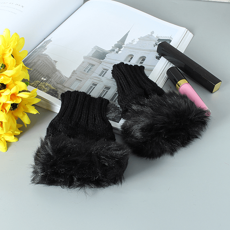 Women Winter Warm Knitted Thicken Fingerless Gloves Artificial Rabbit Hair Half Finger Sleeve - MRSLM