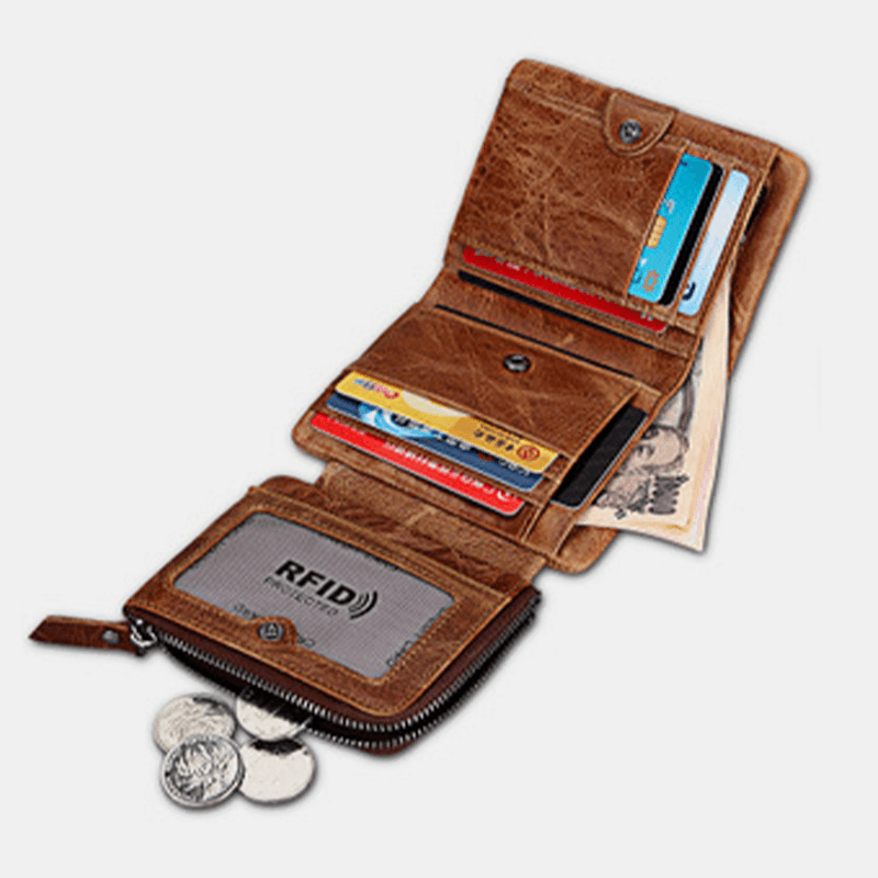 Men Genuine Leather RFID Anti-Theft Multi-Slots Retro Large Capacity Zipper Card Holder Wallet - MRSLM