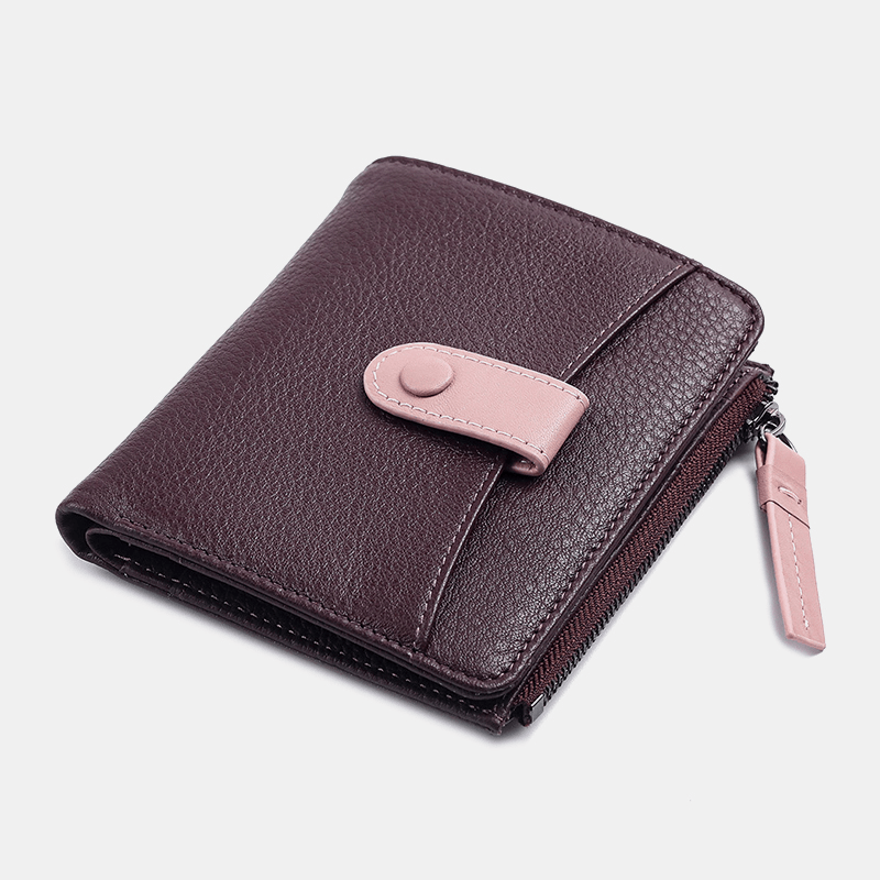 Women Genuine Leather Bifold Hasp Zipper Multifunction Coin Purse Money Clip Short Wallet - MRSLM